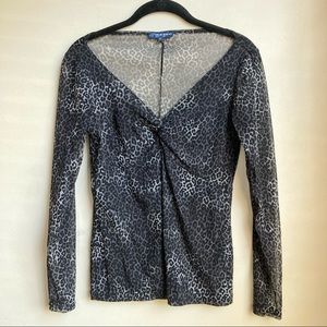 Blue Sand Vintage Semi Sheer Black Leopard Print V-neck Long Sleeve Top